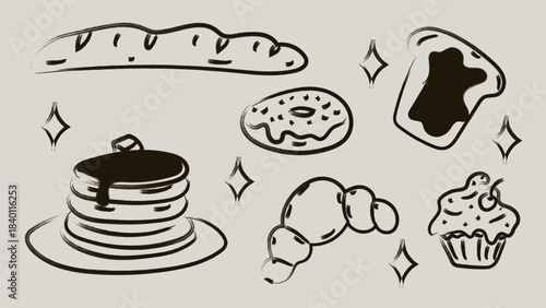 Hand drawn chalk breakfast doodle set. Minimalist bakery sticker. Cartoon isolated vector illustration