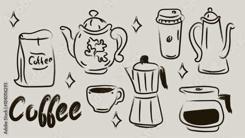Hand drawn chalk breakfast doodle set. Minimalist coffee sticker. Cartoon isolated vector illustration