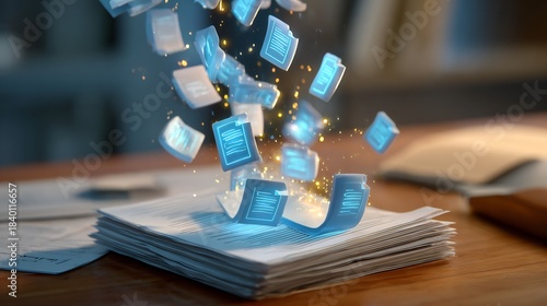 Wallpaper Mural Conceptual image of glowing digital documents falling onto physical papers, symbolizing digital transformation and the shift to a paperless office. Torontodigital.ca