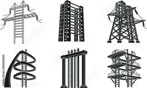 Tower and pylon silhouettes, electrical transmission structures, architectural frameworks, industrial support systems - flat vector