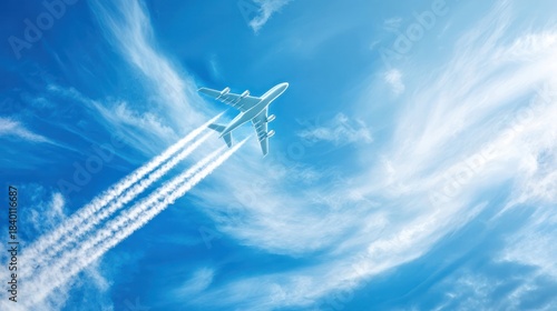Commercial airliner ascending dramatically against a clear blue sky, with vapor trails from wingtips. mobility guides, transit brochures, designed for mobility and urban transit guides.