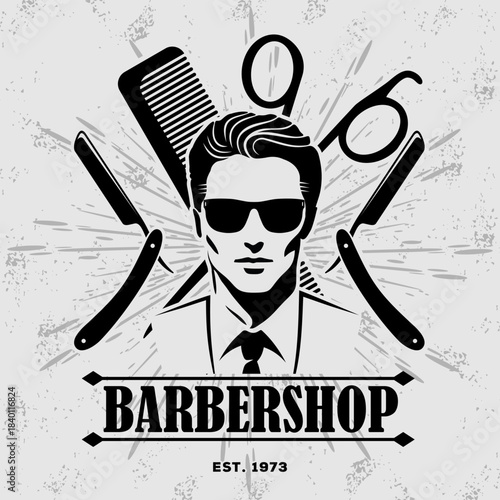 Vintage Barbershop Emblem Featuring Stylish Man and Classic Grooming Tools. Vector illustration