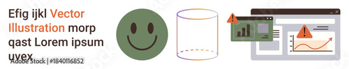 Data visualization, error alerts, web analytics, communication, trend analysis, visual . Green happy, cylinder warning icons digital charts. Data visualization and error alerts concepts