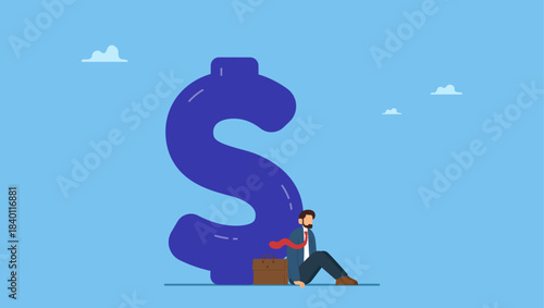 Depressed unemployed businessman sitting with big dollar money. Unemployment, jobless causing financial problem, debt or bankruptcy office worker, no income to pay for mortgage or banking loan.