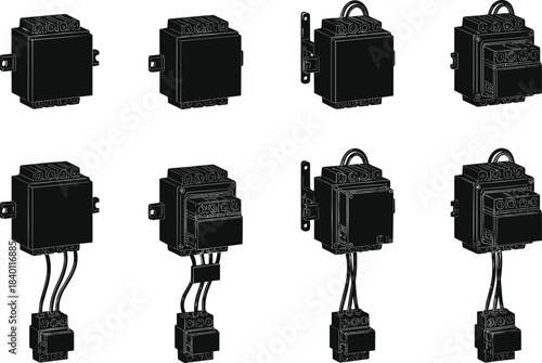 Transformer and relay icon set, wired and unwired electrical component views for engineering, flat vector