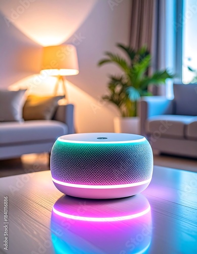 Smart speaker on coffee table in modern living room