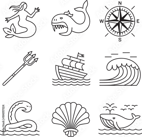 Mythical sea creatures and nautical elements outline icons collection for ocean themes