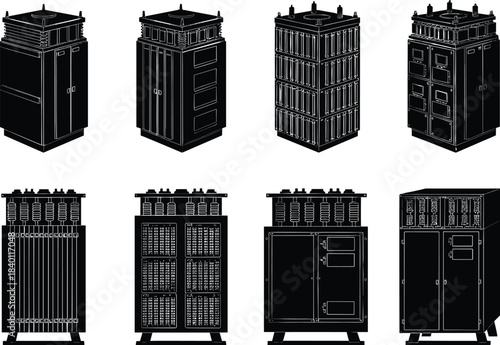 Transformer cabinet icon set, electrical infrastructure, power distribution units, coil housing, engineering components, flat vector