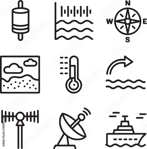 Oceanography and marine science related line icons set vector illustration