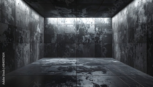 Grungy room interior with a high, central opening, featuring textured walls and floor with light reflections