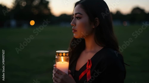 A person stands in a park holding a candle with a red ribbon during a memorial event at sunset