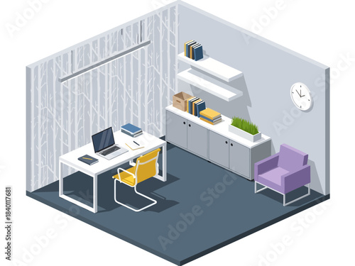 This modern isometric office features a white desk with a yellow chair, a purple armchair, and sleek grey cabinetry, all highlighted by a distinctive feature wall with a white tree branch pattern
