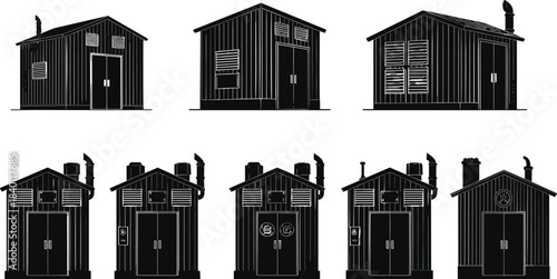 Utility building silhouettes, industrial shed designs, service structure variations, equipment housing units, infrastructure icons - flat vector