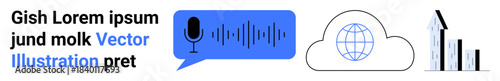 Communication technology, cloud storage, voice recognition, data analysis, digital growth, business insights. Speech bubble with a microphone, globe inside a cloud upward bar graph. Communication