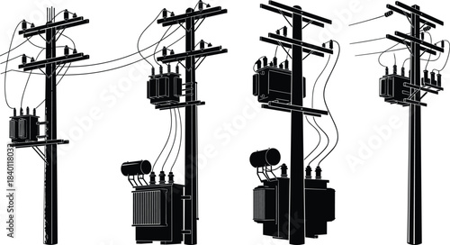 Utility pole silhouettes, electrical transformers, power line configurations, overhead distribution systems, infrastructure icons, flat vector