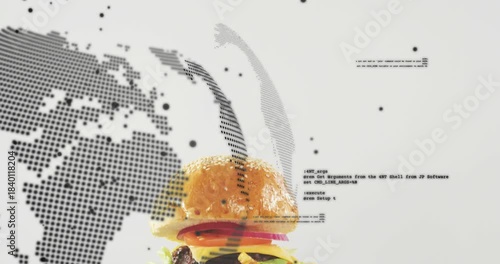 Plated burger and fries entering center triggered by globe shifting left, showcasing product