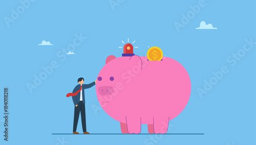 Smart businessman standing with piggy bank with emergency siren light. Emergency funds prepared to pay for unexpected situation in life, loss a job, economic crisis causing income cut or accident.