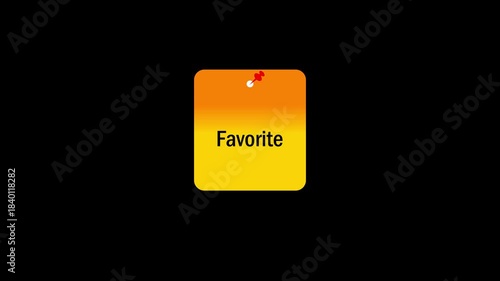 Favorite Sticky note Animation with black background.Animated sticky note with pin in flat icon style, suitable for memo, reminder, and workplace communication concept.