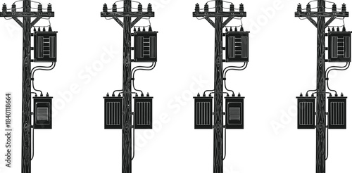Utility pole transformer silhouettes, electrical infrastructure setups, power line configurations, high-voltage equipment icons - flat vector