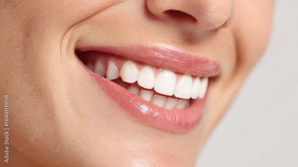 Obraz premium Close-up portrait of a youthful woman with a radiant, perfectly white smile against a pure white background