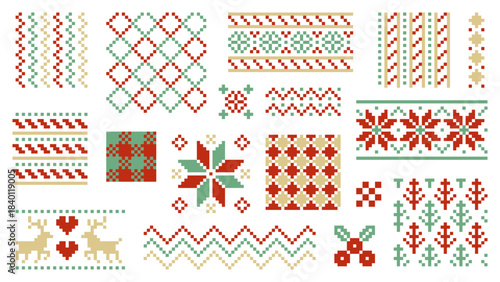 Christmas Pixel Art Ornament Pattern Tile Vector Collection