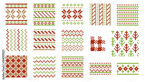 Christmas Pixel Art Knit Pattern Border Ornament Vector Set