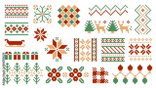 Christmas Pixel Art Holiday Symbol Pattern Tile Vector Collection