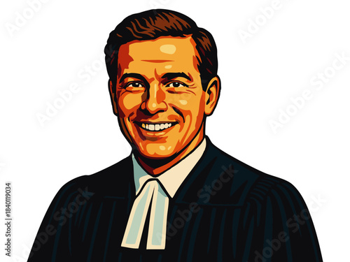 smiling male judge wearing traditional judicial robes and neckband, representing justice and law. Generative ai vector colorful pop art illustration.