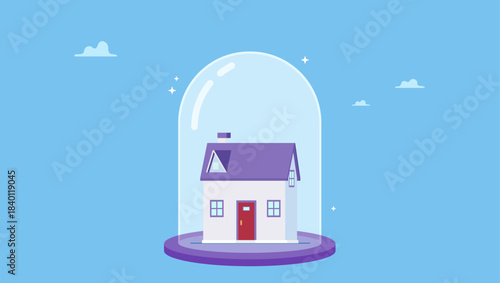 Small house under strong protection from glass cover. House insurance, home ownership assurance, residence, apartment or real estate protection.