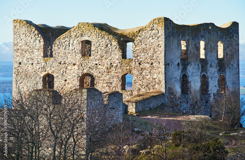 Brahehus slottsruin (castle ruin) above Lake Vättern or Vattern near Uppgränna, Sweden, evokes Swedish medieval history, Nordic heritage and scenic Scandinavian travel or vacation on a crisp sunny day