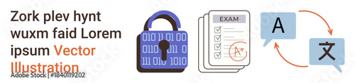 Cybersecurity, language services, data protection, secure exams, encryption, translation technology. A padlock, exam sheet and translation icons data security and language services. Cybersecurity