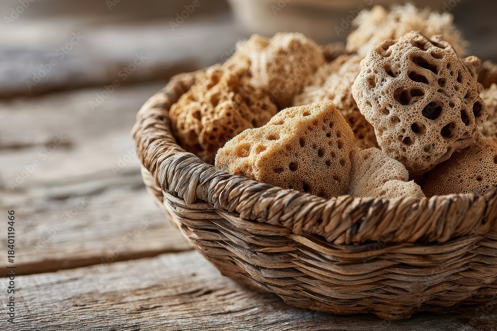 Obraz premium Coastal still life with textured sponges in a wicker container