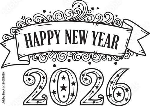 Happy new year 2026 hand drawn silhouette isolated on transparent background