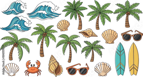 Tropical island vector set with palm tree silhouettes for beach summer vacation illustration