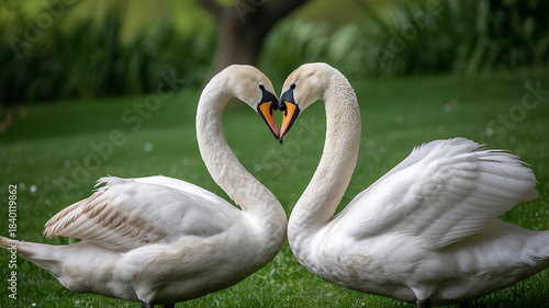 Fototapeta Naklejka Na Ścianę i Meble -  Two white swans forming heart shape with curved necks on grassy ground with green foliage background