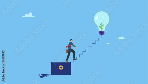 Businessman investor or car owner step from oil gallon to stair case towards the green lightbulb. World transition from fossil oil energy to clean electric power, combustion car to EV.
