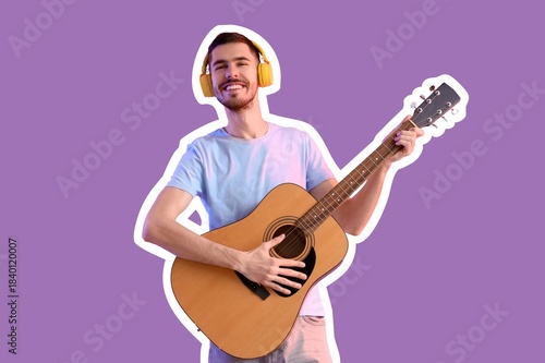 Young bearded man in headph...