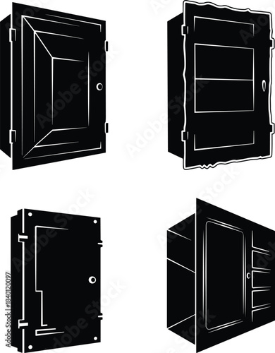 Wall mounted cabinet silhouette set, beveled, recessed, wavy, minimal door styles, black design, flat vector