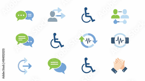 Graphic illustration of various accessibility and communication icons on a white background.