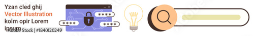 Cybersecurity, online research, creative thinking, data safety, password protection, search optimization. Lock on screen, lightbulb and magnifying glass icon. Cybersecurity and online research