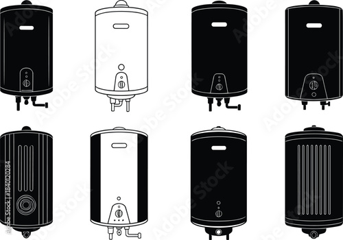 Water heater silhouette icons, plumbing equipment set, technical appliance illustration for infrastructure design, flat vector