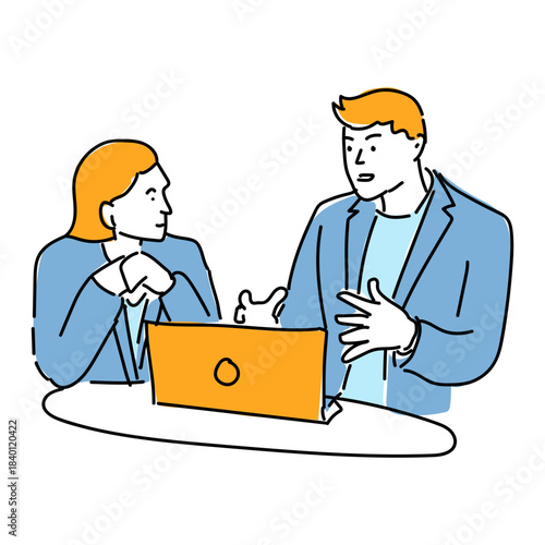 Line Art of Two Businesspeople with Laptop