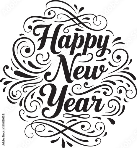 Elegant happy new year silhouette text design isolated on transparent background