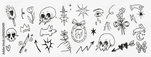 A set of bold hand-drawn tattoo-inspired doodles featuring skulls, flowers, daggers, stars, ribbons, animals and symbolic elements. Perfect for stickers, prints, apparel, posters and graphic projects.