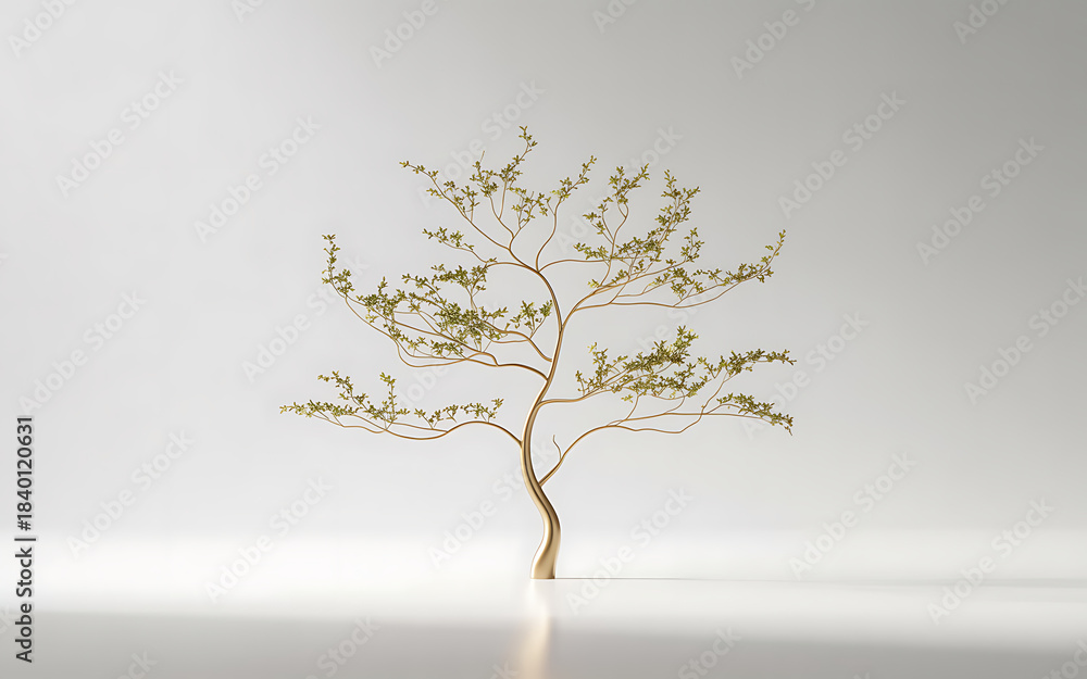 Obraz premium Golden Tree with Small Green Leaves on White Background