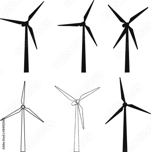 Wind turbine silhouettes, rotating blades, renewable energy icons, power generation towers, clean energy symbols - flat vector
