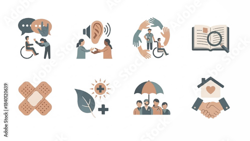 Flat lay of various icons representing social responsibility and healthcare on a clean white background with a mix of earthy tones.