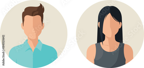 Flat vector illustration of male and female anonymous avatars, perfect for profile icons, user interface design, social media accounts, and website placeholders