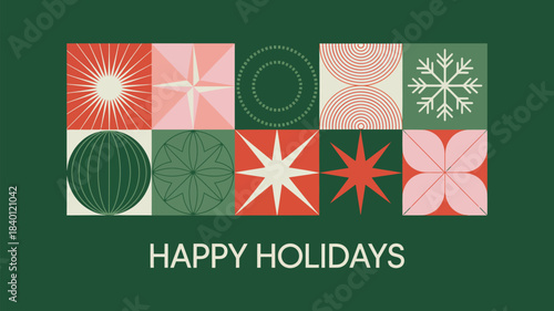 Modern geometric holiday greeting card with festive abstract shapes, winter symbols and decorative patterns on a dark green background reading Happy Holidays