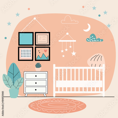 Pastel baby nursery interior with modern minimalist decor vector